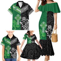 New Zealand And Ireland Rugby Custom Family Matching Mermaid Dress and Hawaiian Shirt Maori Tiki With Shamrock