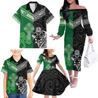 New Zealand And Ireland Rugby Custom Family Matching Off The Shoulder Long Sleeve Dress and Hawaiian Shirt Maori Tiki With Shamrock