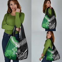 New Zealand And Ireland Rugby Custom Grocery Bag Maori Tiki With Shamrock