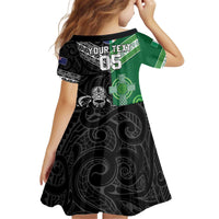 New Zealand And Ireland Rugby Custom Kid Short Sleeve Dress Maori Tiki With Shamrock