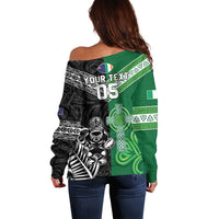 New Zealand And Ireland Rugby Custom Off Shoulder Sweater Maori Tiki With Shamrock
