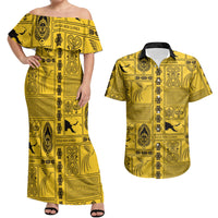 Papua New Guinea Heritage Motif Couples Matching Off Shoulder Maxi Dress and Hawaiian Shirt Yellow Version