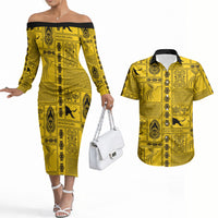 Papua New Guinea Heritage Motif Couples Matching Off The Shoulder Long Sleeve Dress and Hawaiian Shirt Yellow Version