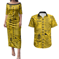 Papua New Guinea Heritage Motif Couples Matching Puletasi and Hawaiian Shirt Yellow Version
