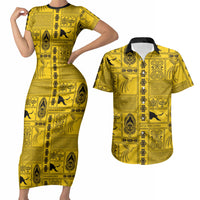 Papua New Guinea Heritage Motif Couples Matching Short Sleeve Bodycon Dress and Hawaiian Shirt Yellow Version