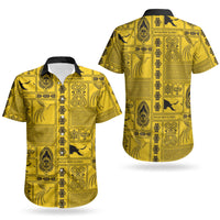 Papua New Guinea Heritage Motif Couples Matching Short Sleeve Bodycon Dress and Hawaiian Shirt Yellow Version