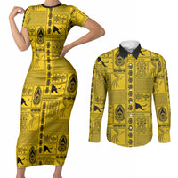 Papua New Guinea Heritage Motif Couples Matching Short Sleeve Bodycon Dress and Long Sleeve Button Shirt Yellow Version