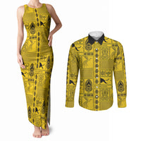 Papua New Guinea Heritage Motif Couples Matching Tank Maxi Dress and Long Sleeve Button Shirt Yellow Version