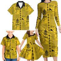 Papua New Guinea Heritage Motif Family Matching Long Sleeve Bodycon Dress and Hawaiian Shirt Yellow Version