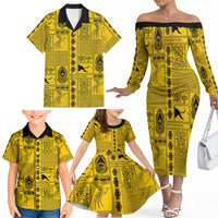Papua New Guinea Heritage Motif Family Matching Off The Shoulder Long Sleeve Dress and Hawaiian Shirt Yellow Version