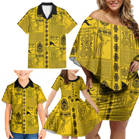 Papua New Guinea Heritage Motif Family Matching Off Shoulder Short Dress and Hawaiian Shirt Yellow Version