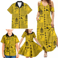 Papua New Guinea Heritage Motif Family Matching Summer Maxi Dress and Hawaiian Shirt Yellow Version