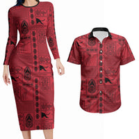 Papua New Guinea Heritage Motif Couples Matching Long Sleeve Bodycon Dress and Hawaiian Shirt Red Version