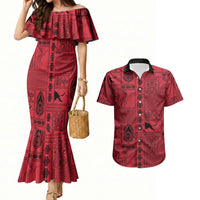 Papua New Guinea Heritage Motif Couples Matching Mermaid Dress and Hawaiian Shirt Red Version