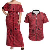 Papua New Guinea Heritage Motif Couples Matching Off Shoulder Maxi Dress and Hawaiian Shirt Red Version