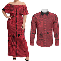 Papua New Guinea Heritage Motif Couples Matching Off Shoulder Maxi Dress and Long Sleeve Button Shirt Red Version