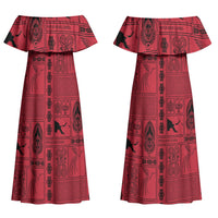 Papua New Guinea Heritage Motif Couples Matching Off Shoulder Maxi Dress and Long Sleeve Button Shirt Red Version