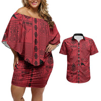 Papua New Guinea Heritage Motif Couples Matching Off Shoulder Short Dress and Hawaiian Shirt Red Version
