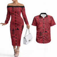 Papua New Guinea Heritage Motif Couples Matching Off The Shoulder Long Sleeve Dress and Hawaiian Shirt Red Version