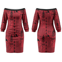 Papua New Guinea Heritage Motif Couples Matching Off The Shoulder Long Sleeve Dress and Hawaiian Shirt Red Version