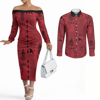 Papua New Guinea Heritage Motif Couples Matching Off The Shoulder Long Sleeve Dress and Long Sleeve Button Shirt Red Version