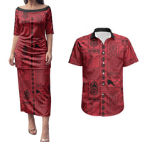 Papua New Guinea Heritage Motif Couples Matching Puletasi and Hawaiian Shirt Red Version