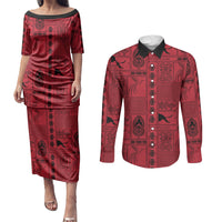Papua New Guinea Heritage Motif Couples Matching Puletasi and Long Sleeve Button Shirt Red Version