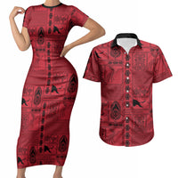 Papua New Guinea Heritage Motif Couples Matching Short Sleeve Bodycon Dress and Hawaiian Shirt Red Version