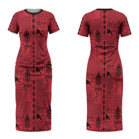 Papua New Guinea Heritage Motif Couples Matching Short Sleeve Bodycon Dress and Hawaiian Shirt Red Version