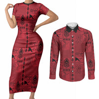 Papua New Guinea Heritage Motif Couples Matching Short Sleeve Bodycon Dress and Long Sleeve Button Shirt Red Version