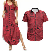 Papua New Guinea Heritage Motif Couples Matching Summer Maxi Dress and Hawaiian Shirt Red Version