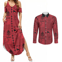 Papua New Guinea Heritage Motif Couples Matching Summer Maxi Dress and Long Sleeve Button Shirt Red Version