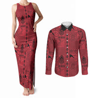 Papua New Guinea Heritage Motif Couples Matching Tank Maxi Dress and Long Sleeve Button Shirt Red Version