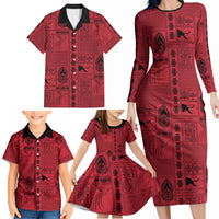 Papua New Guinea Heritage Motif Family Matching Long Sleeve Bodycon Dress and Hawaiian Shirt Red Version