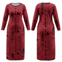 Papua New Guinea Heritage Motif Family Matching Long Sleeve Bodycon Dress and Hawaiian Shirt Red Version