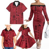 Papua New Guinea Heritage Motif Family Matching Off The Shoulder Long Sleeve Dress and Hawaiian Shirt Red Version