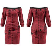 Papua New Guinea Heritage Motif Family Matching Off The Shoulder Long Sleeve Dress and Hawaiian Shirt Red Version