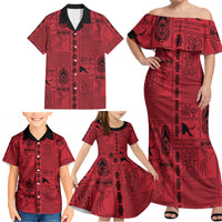 Papua New Guinea Heritage Motif Family Matching Off Shoulder Maxi Dress and Hawaiian Shirt Red Version