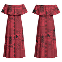 Papua New Guinea Heritage Motif Family Matching Off Shoulder Maxi Dress and Hawaiian Shirt Red Version