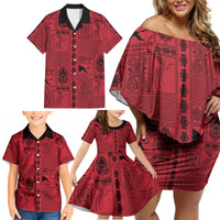 Papua New Guinea Heritage Motif Family Matching Off Shoulder Short Dress and Hawaiian Shirt Red Version