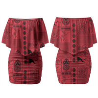 Papua New Guinea Heritage Motif Family Matching Off Shoulder Short Dress and Hawaiian Shirt Red Version