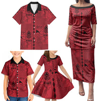 Papua New Guinea Heritage Motif Family Matching Puletasi and Hawaiian Shirt Red Version