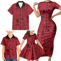 Papua New Guinea Heritage Motif Family Matching Short Sleeve Bodycon Dress and Hawaiian Shirt Red Version