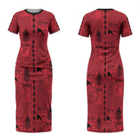Papua New Guinea Heritage Motif Family Matching Short Sleeve Bodycon Dress and Hawaiian Shirt Red Version