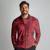 Papua New Guinea Heritage Motif Long Sleeve Polo Shirt Red Version