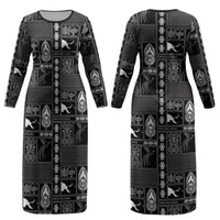 Papua New Guinea Heritage Motif Couples Matching Long Sleeve Bodycon Dress and Long Sleeve Button Shirt Black Version