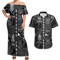 Papua New Guinea Heritage Motif Couples Matching Off Shoulder Maxi Dress and Hawaiian Shirt Black Version