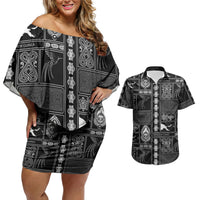 Papua New Guinea Heritage Motif Couples Matching Off Shoulder Short Dress and Hawaiian Shirt Black Version