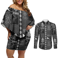 Papua New Guinea Heritage Motif Couples Matching Off Shoulder Short Dress and Long Sleeve Button Shirt Black Version