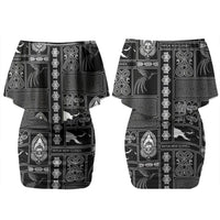 Papua New Guinea Heritage Motif Couples Matching Off Shoulder Short Dress and Long Sleeve Button Shirt Black Version